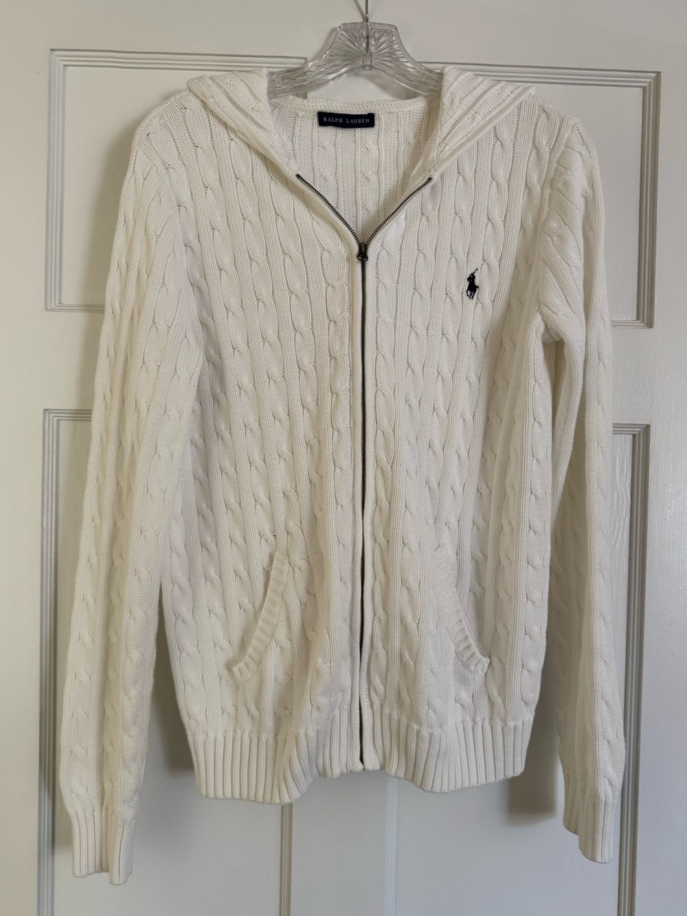 Ralph Lauren - Ivory Cable Knit, Full Zip Hooded Sweater/100% Cotton